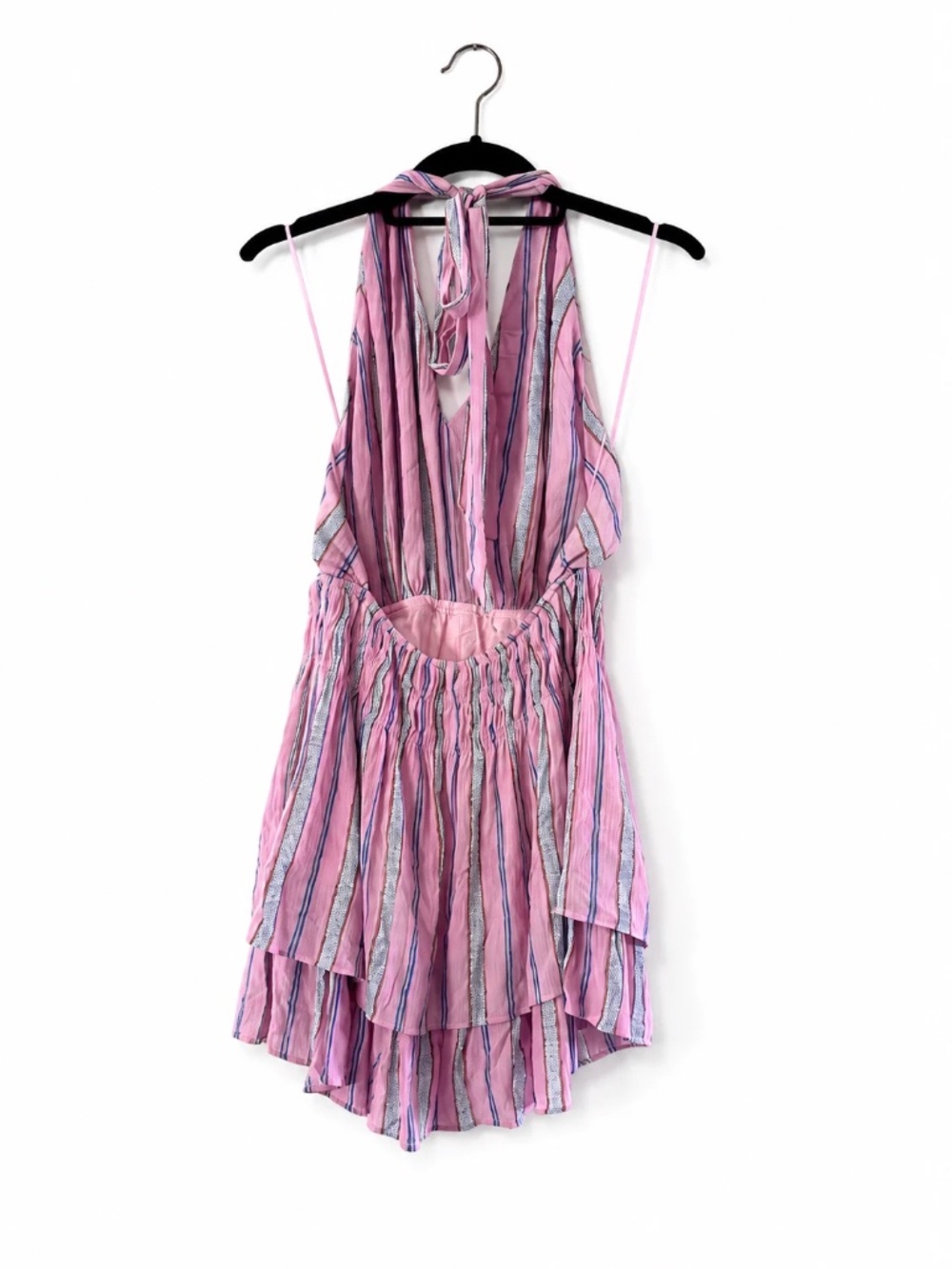 Day + Moon Pink Striped Halter Tiered Mini Dress Open Back – Size Small - Picture 4 of 5